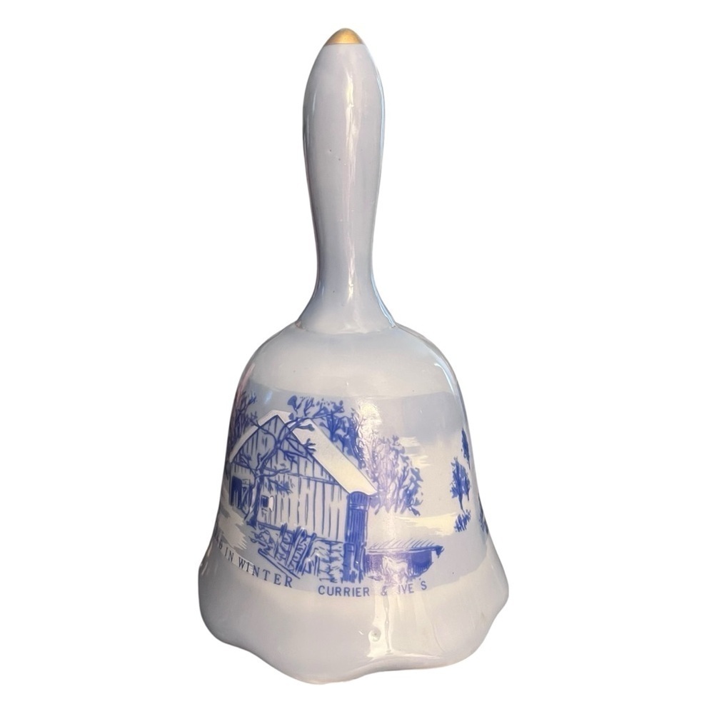 CURRIER & IVES Blue White Vintage Porcelain Bell The Old Homestead In Winter 5.5